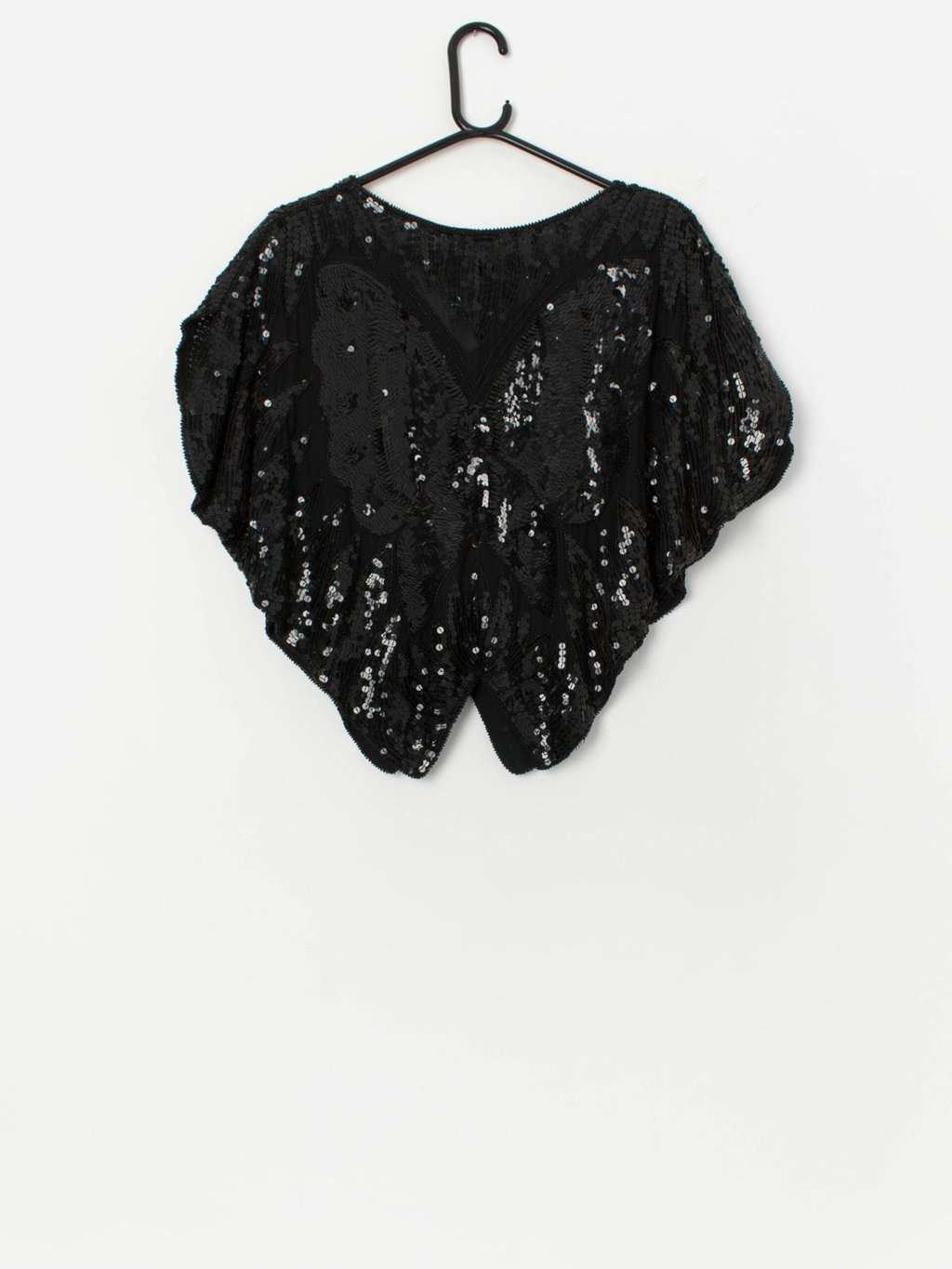 Vintage black butterfly sequin top, pure silk - Medium - Image 3