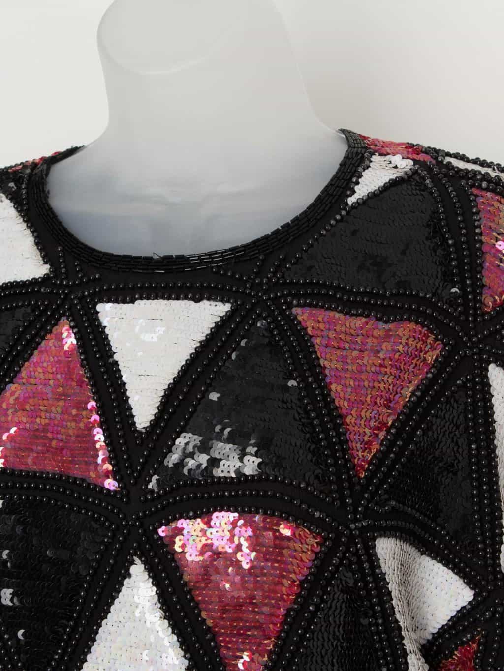 Vintage black sequin top with red and white triangle pattern - Small / Medium - Image 2