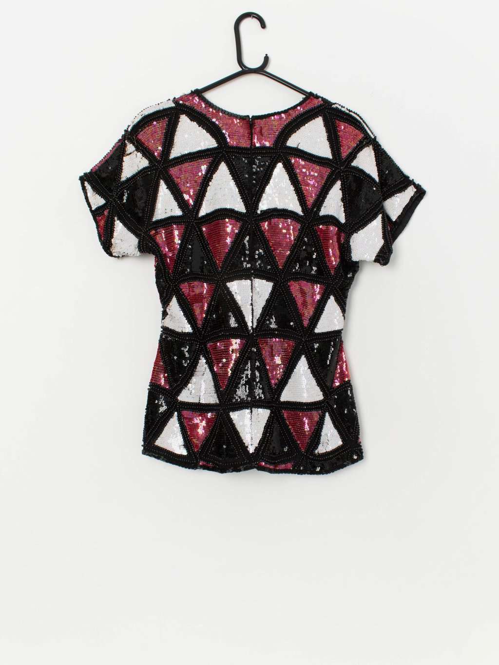Vintage black sequin top with red and white triangle pattern - Small / Medium - Image 3