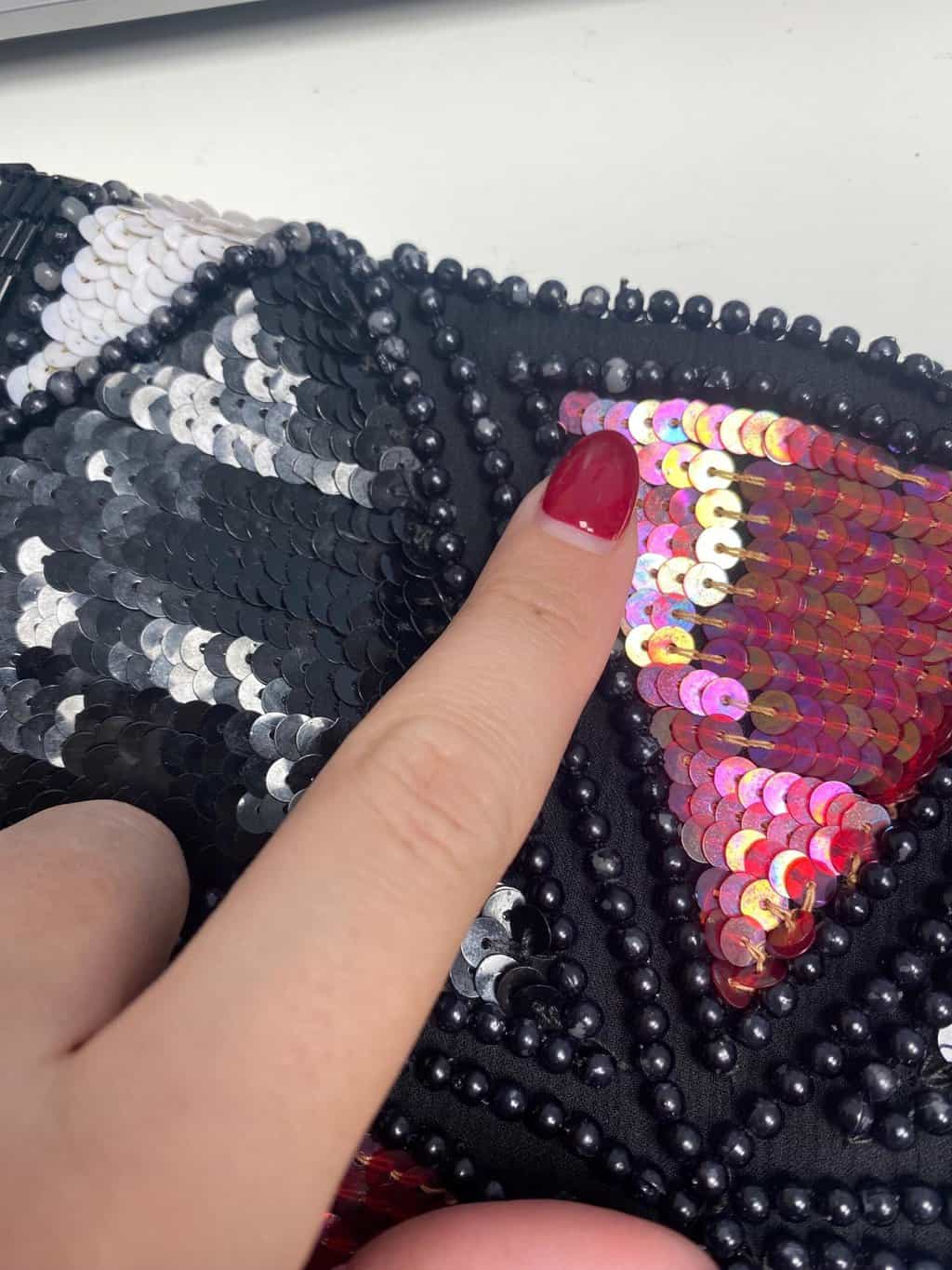 Vintage black sequin top with red and white triangle pattern - Small / Medium - Image 5