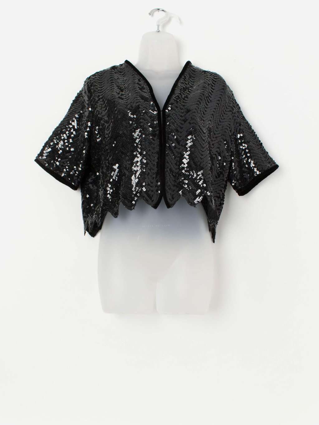 Vintage cropped black sequin top jacket with velvet trim - Medium