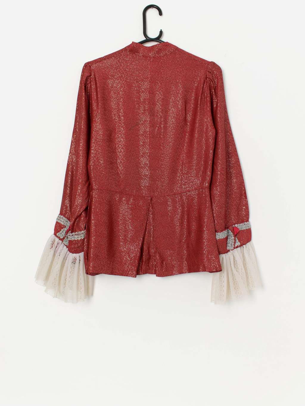 70s vintage handmade tunic with lace ruffle cuffs, red and silver stripes - Small / Medium - Image 5