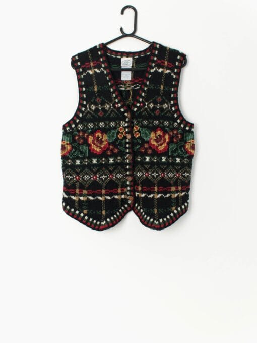 Rare vintage Laura Ashley knitted vest with floral design, 1990s original Christmas vest Bohemian knitted waistcoat original 90s - Medium