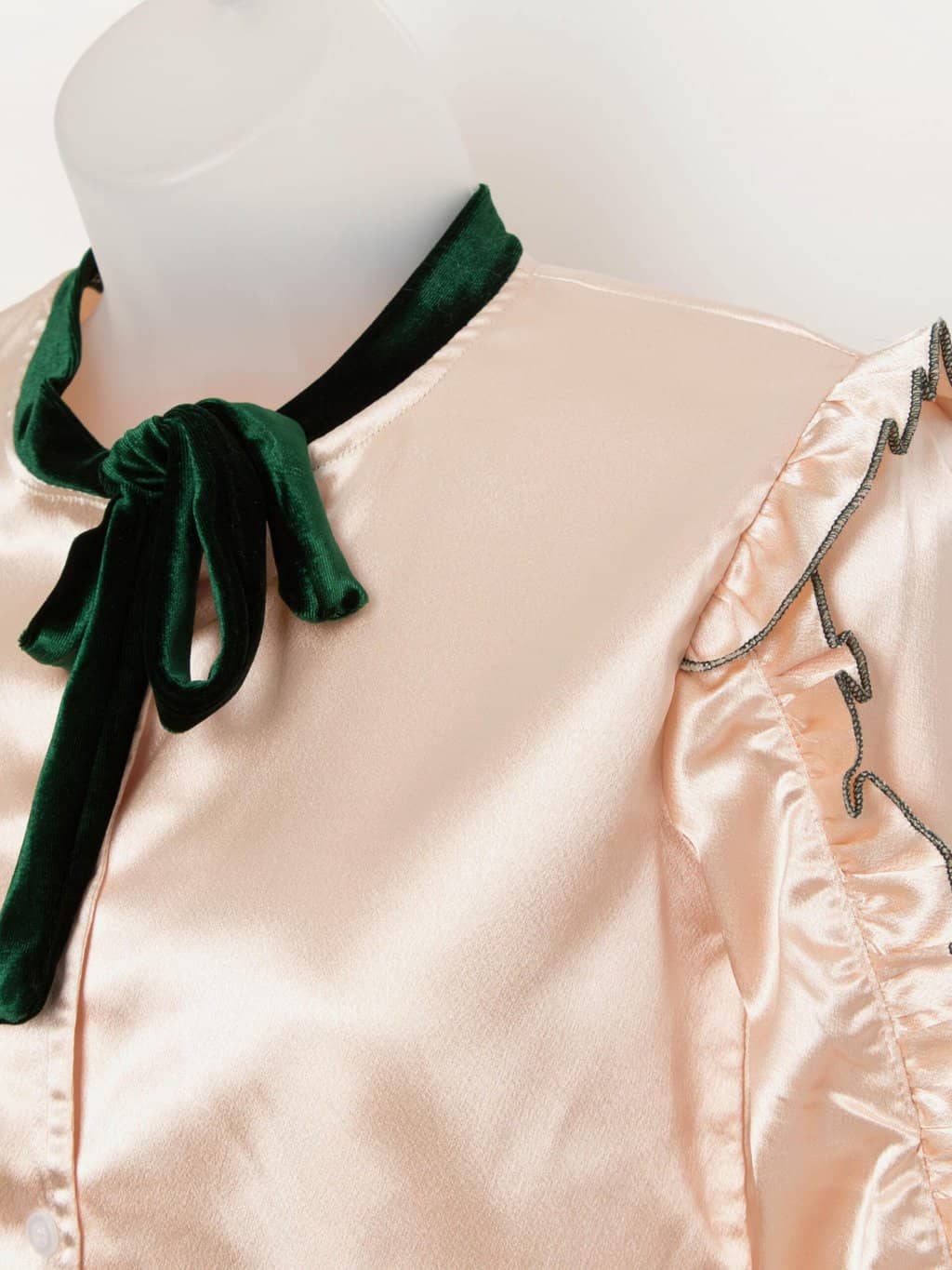 Vintage 30s style peach silky blouse with green velvet trim - XS / Small - Image 2