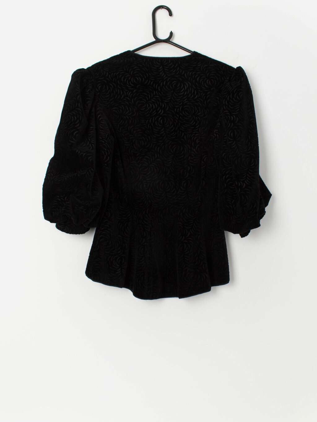 80s vintage puff sleeve black blouse with floral pattern - Medium / Large - Image 4