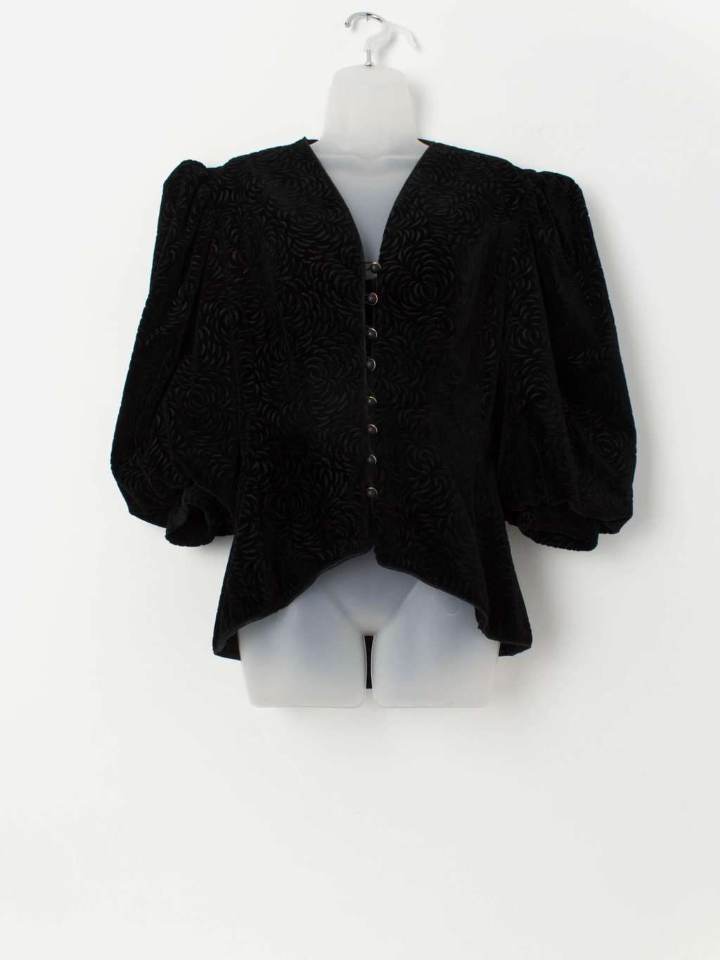 80s vintage puff sleeve black blouse with floral pattern - Medium / Large