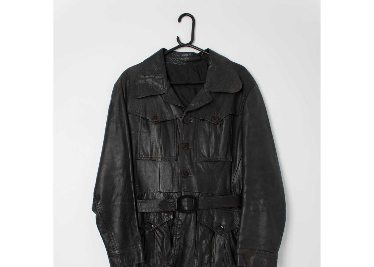 Vintage 70s black leather jacket belted 1970s rare - M - Image 5