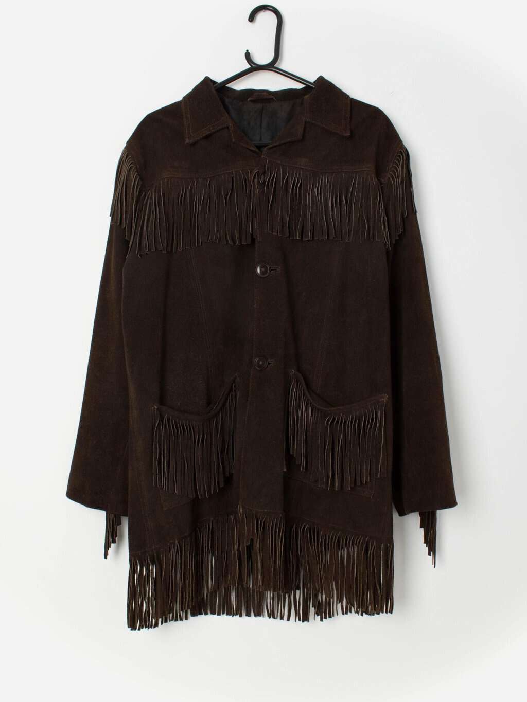 70s vintage suede jacket fringed chocolate brown tasselled original - Large