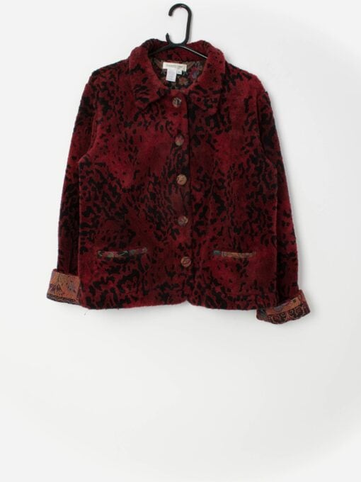 Vintage fluffy red teddy fleece jacket animal print tapestry trim - Medium / Large