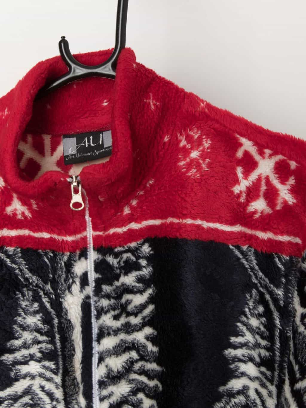 Vintage Y2K Art Unlimited red fleece snowflake Christmas jacket trees - Medium - Image 2