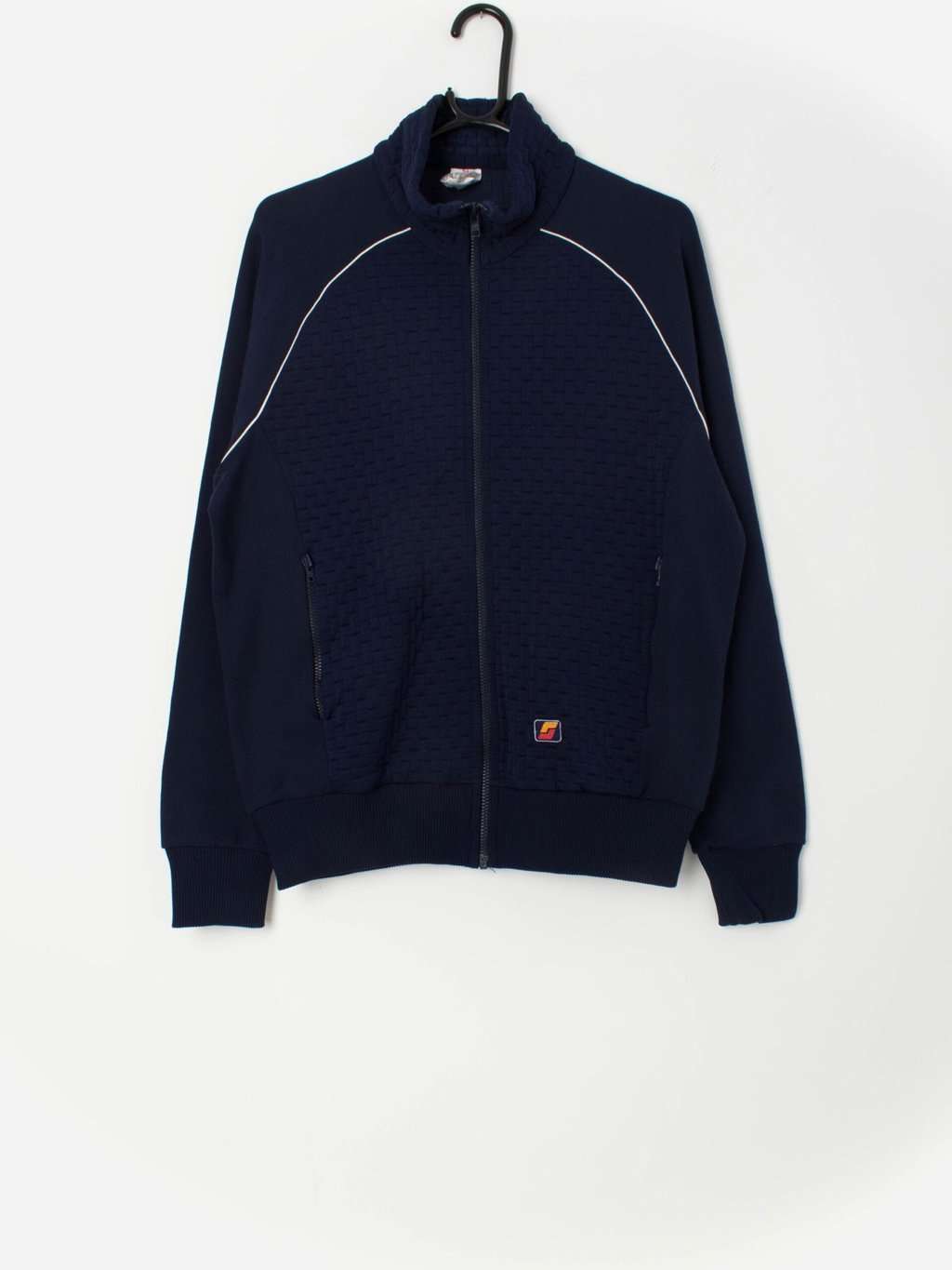 Vintage 80s navy blue sports jacket zip pockets men's track jacket - Medium / Large