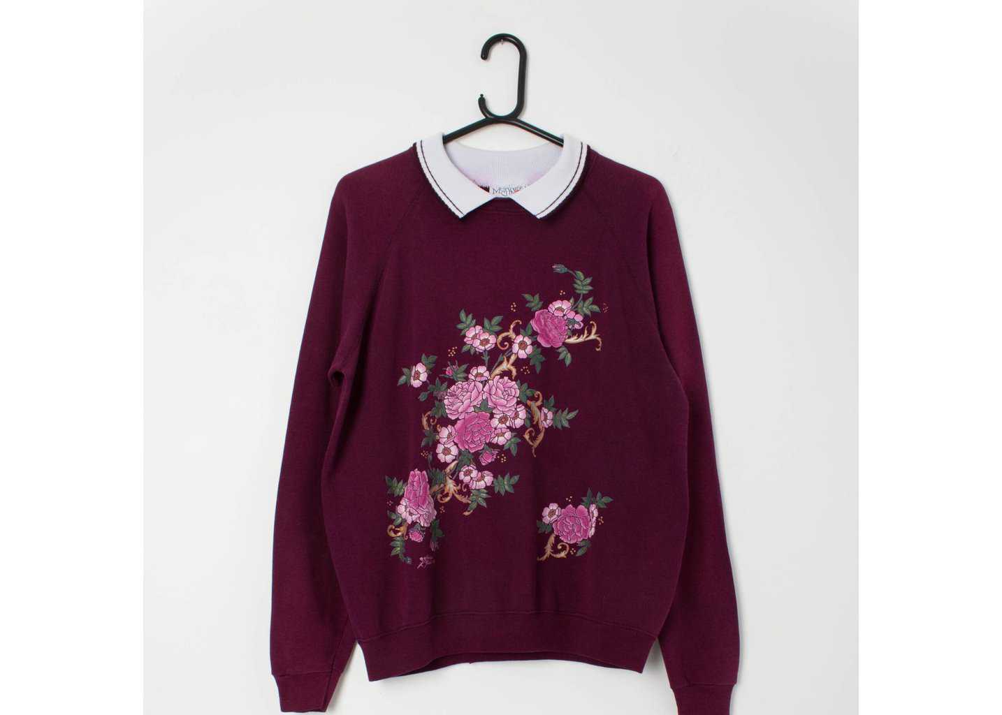 Floral sweatshirt 90s sweater plum collared pullover cottage core - Medium / Large - Image 4