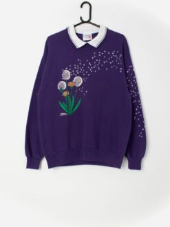 Purple sweatshirt dandelion flower purple floral pullover sweater - Medium / Large