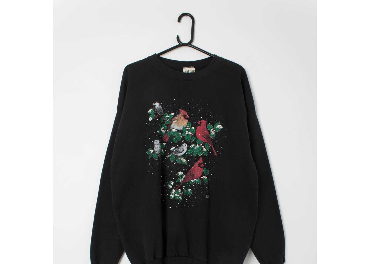 Vintage black Christmas sweater cardinal birds sweatshirt - XL - Image 4