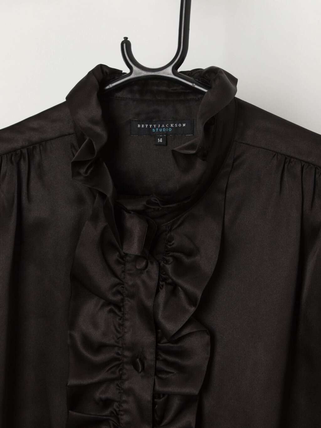 Vintage black silky blouse with ruffle front by Betty Jackson Studio - Medium - Image 3