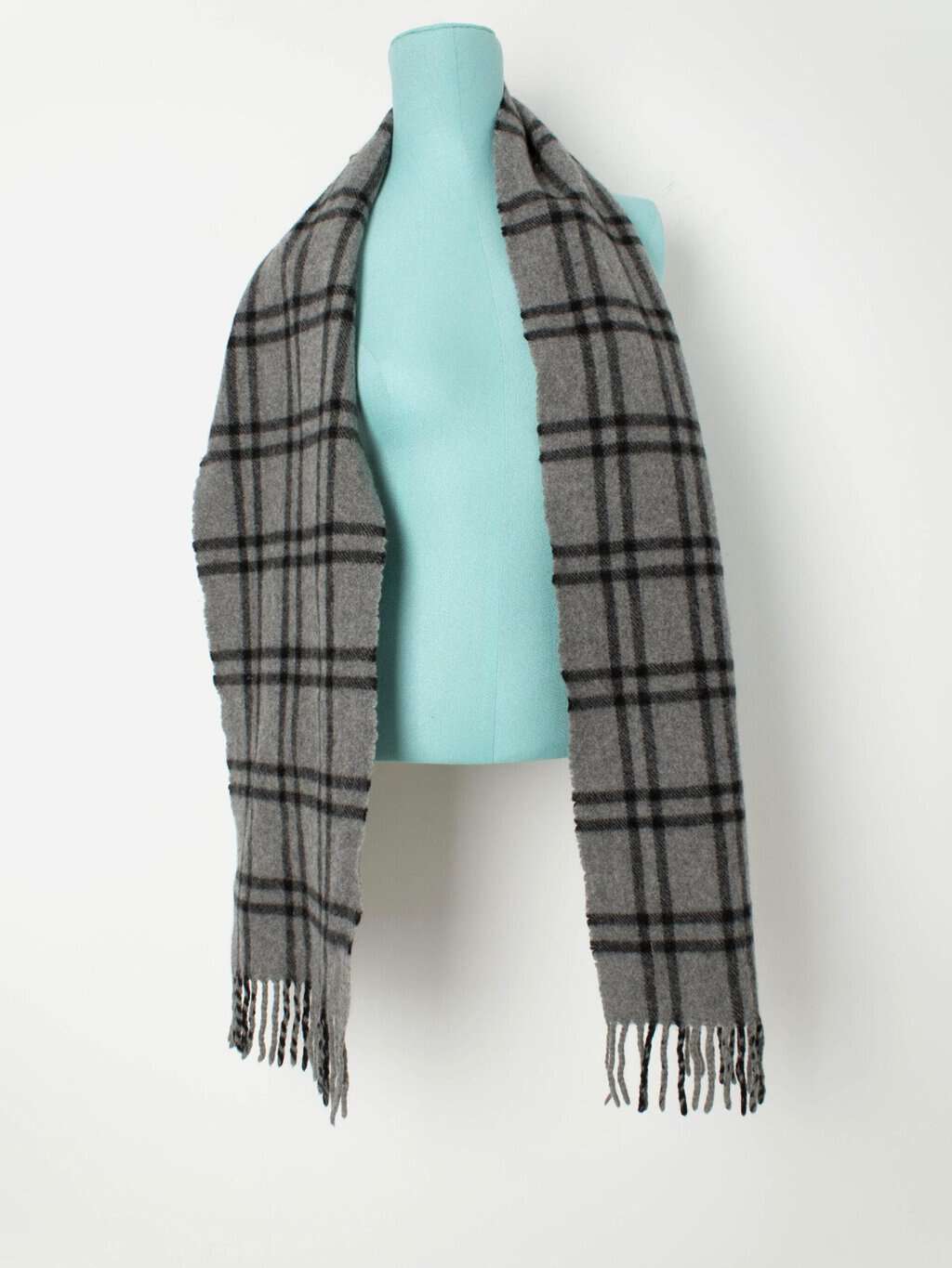 Vintage cashmere and wool scarf in grey plaid with tassels - One size - Image 2