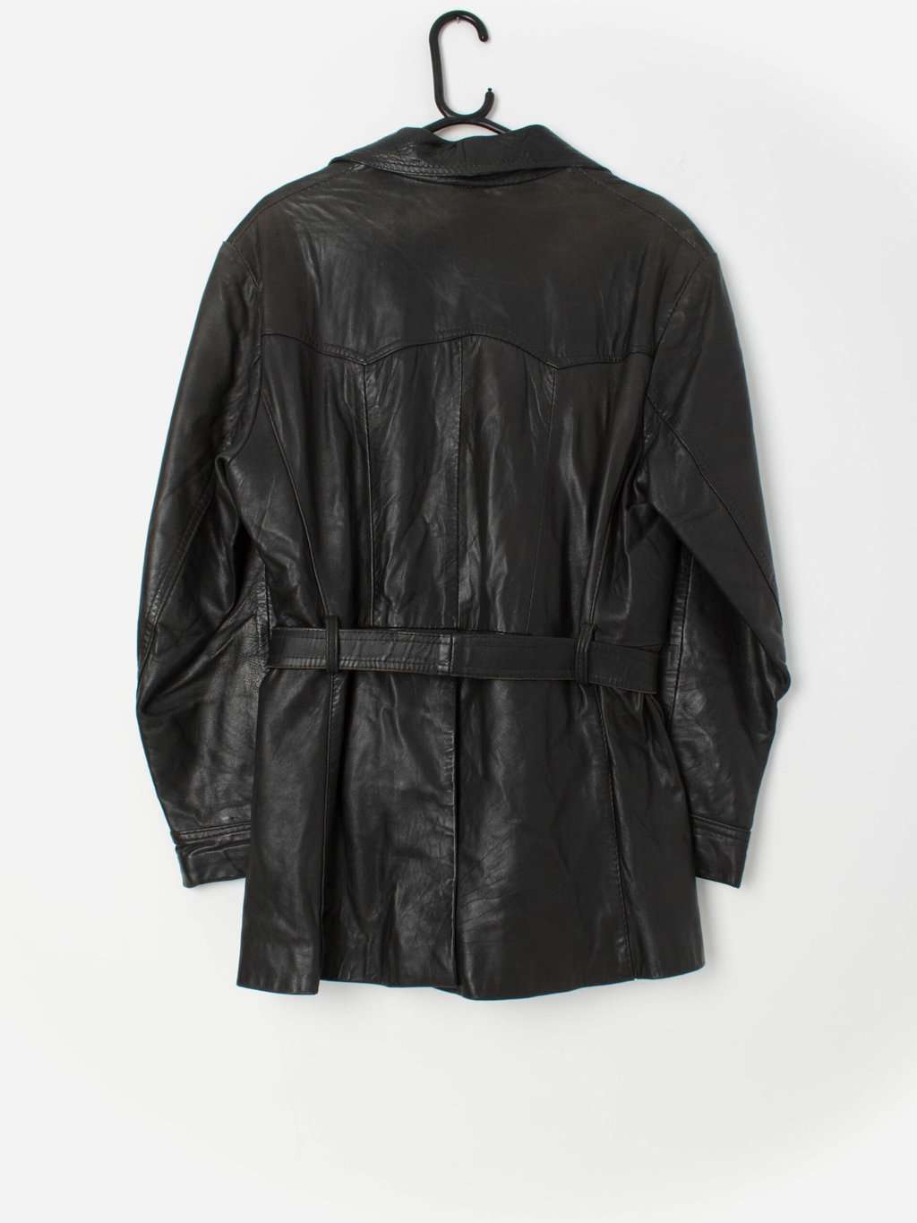 Vintage 70s black leather jacket belted 1970s rare - M - Image 4