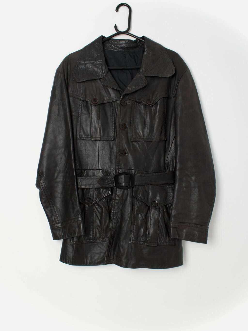 Vintage 70s black leather jacket belted 1970s rare - M