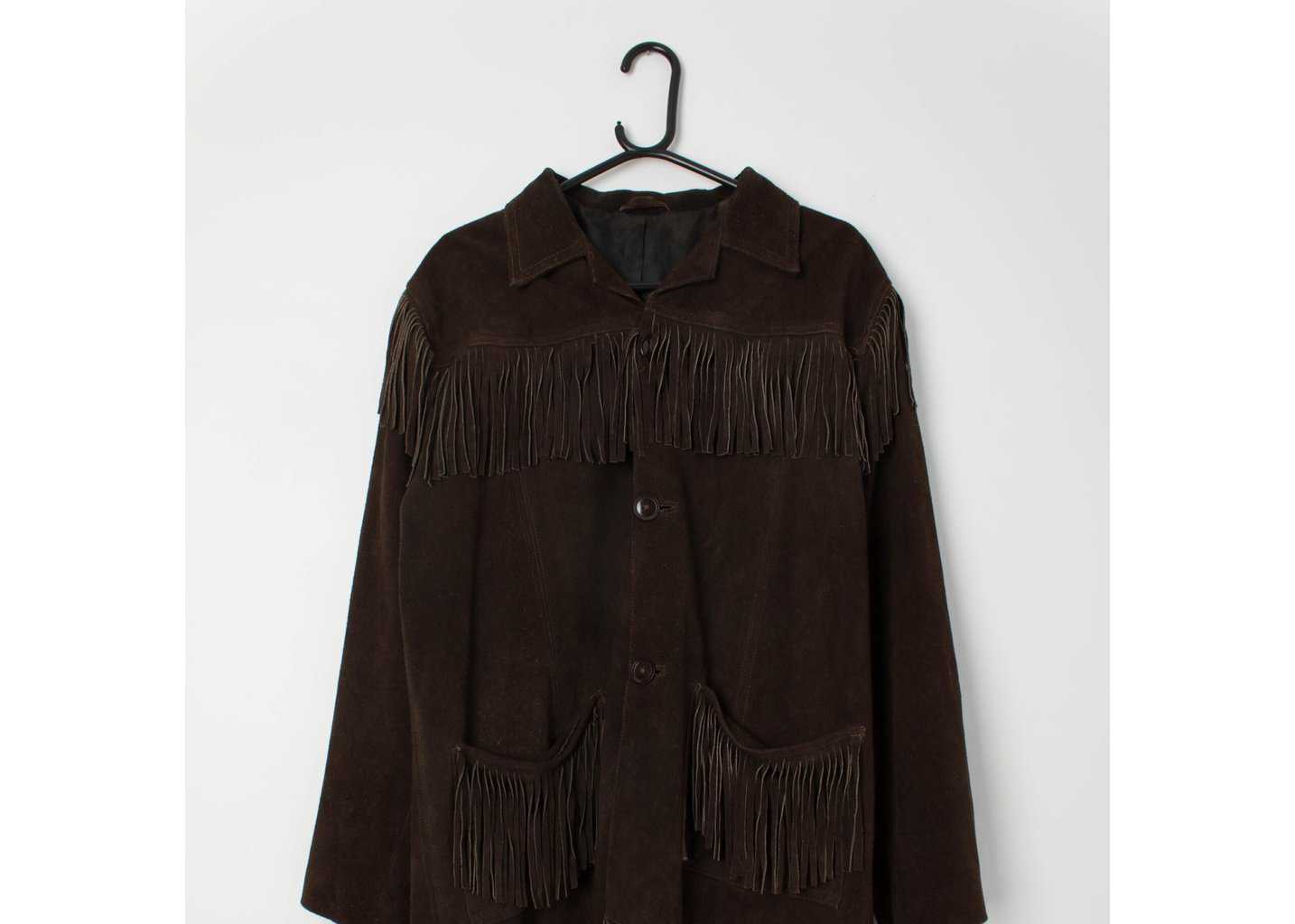 70s vintage suede jacket fringed chocolate brown tasselled original - Large - Image 4