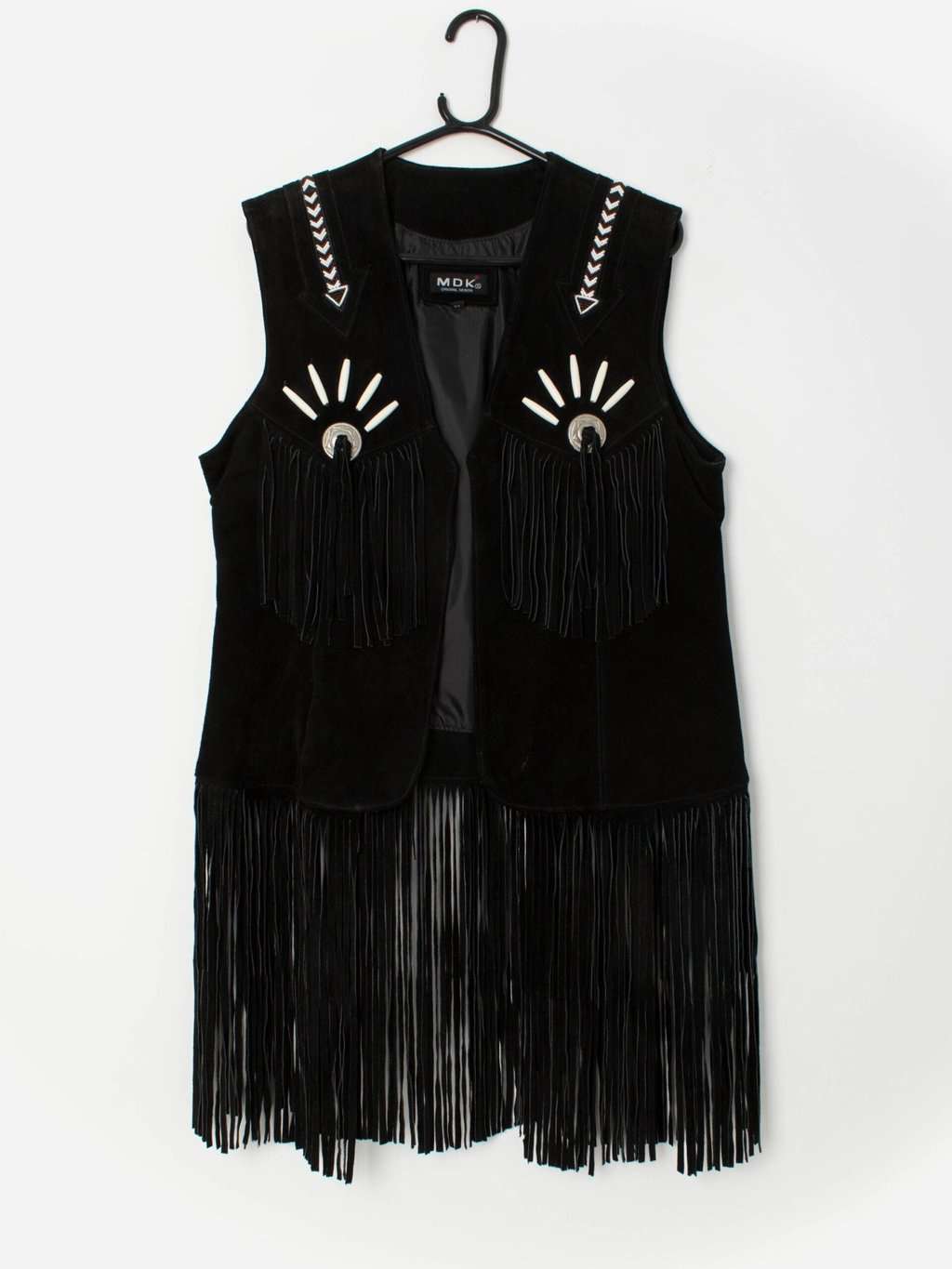 Vintage black fringed leather vest western cowboy women's waistcoat beaded - Medium / Large