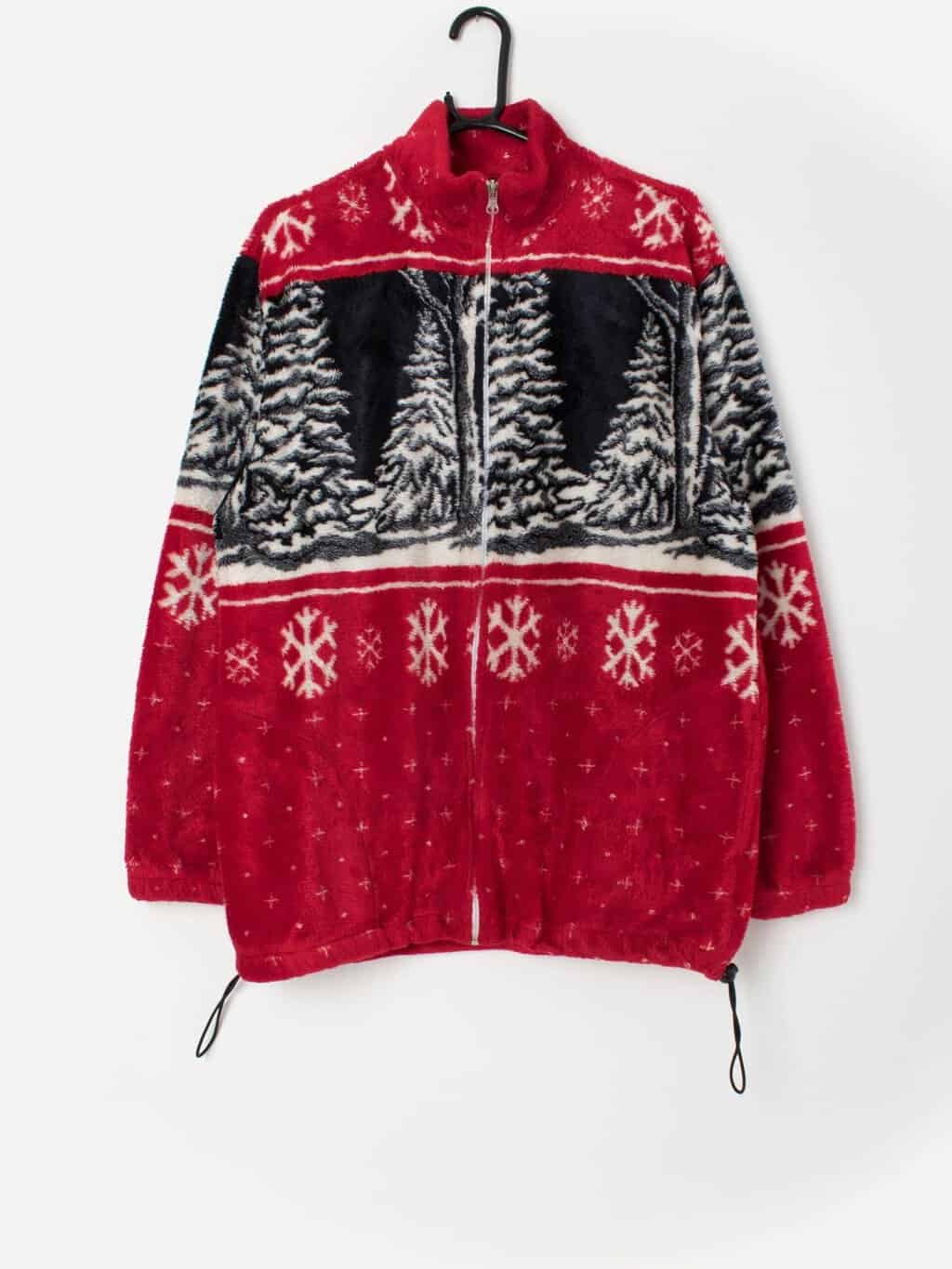 Vintage Y2K Art Unlimited red fleece snowflake Christmas jacket trees - Medium