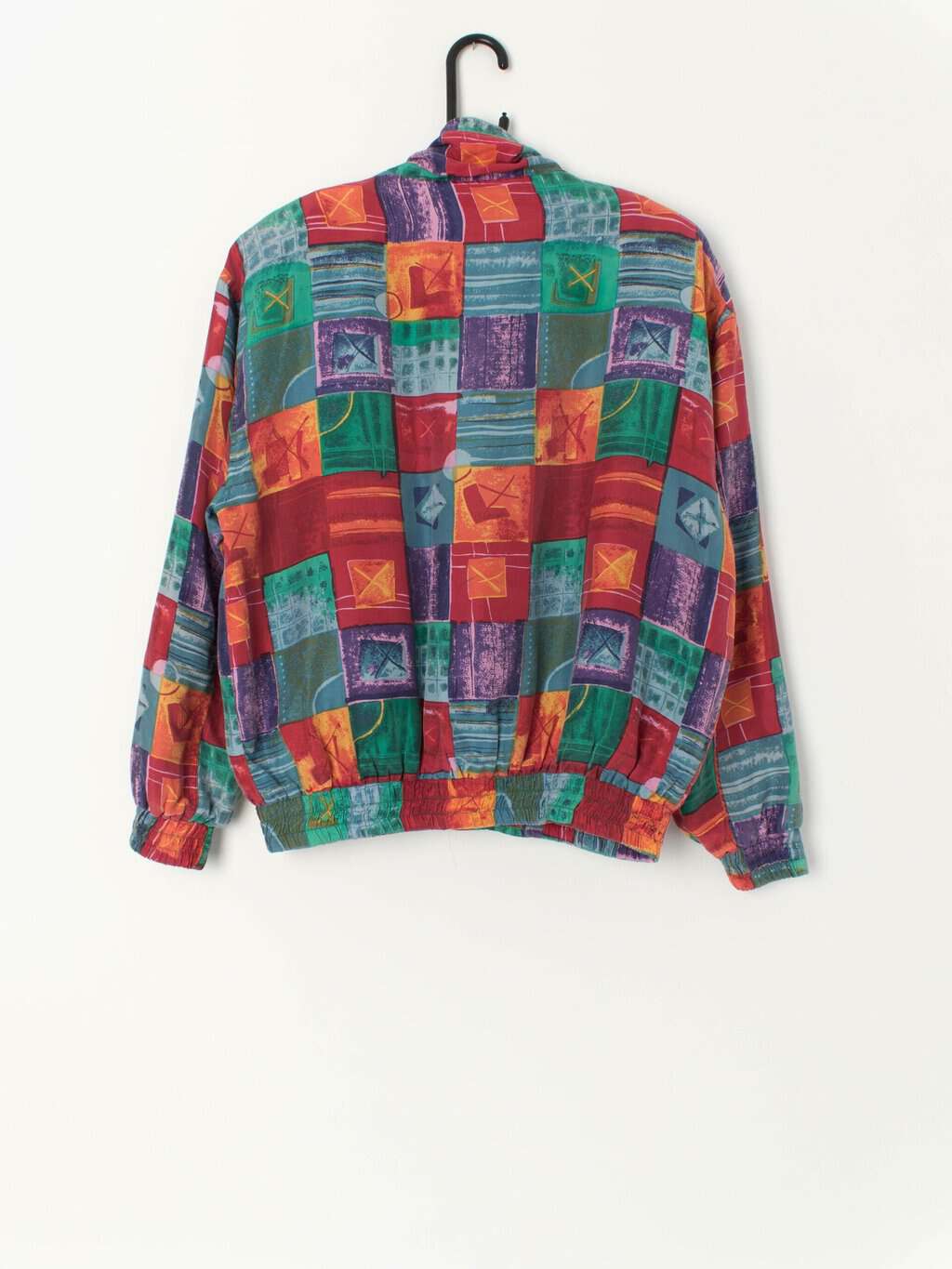 80s vintage silk jacket with abstract red and green patchwork print - Medium - Image 3