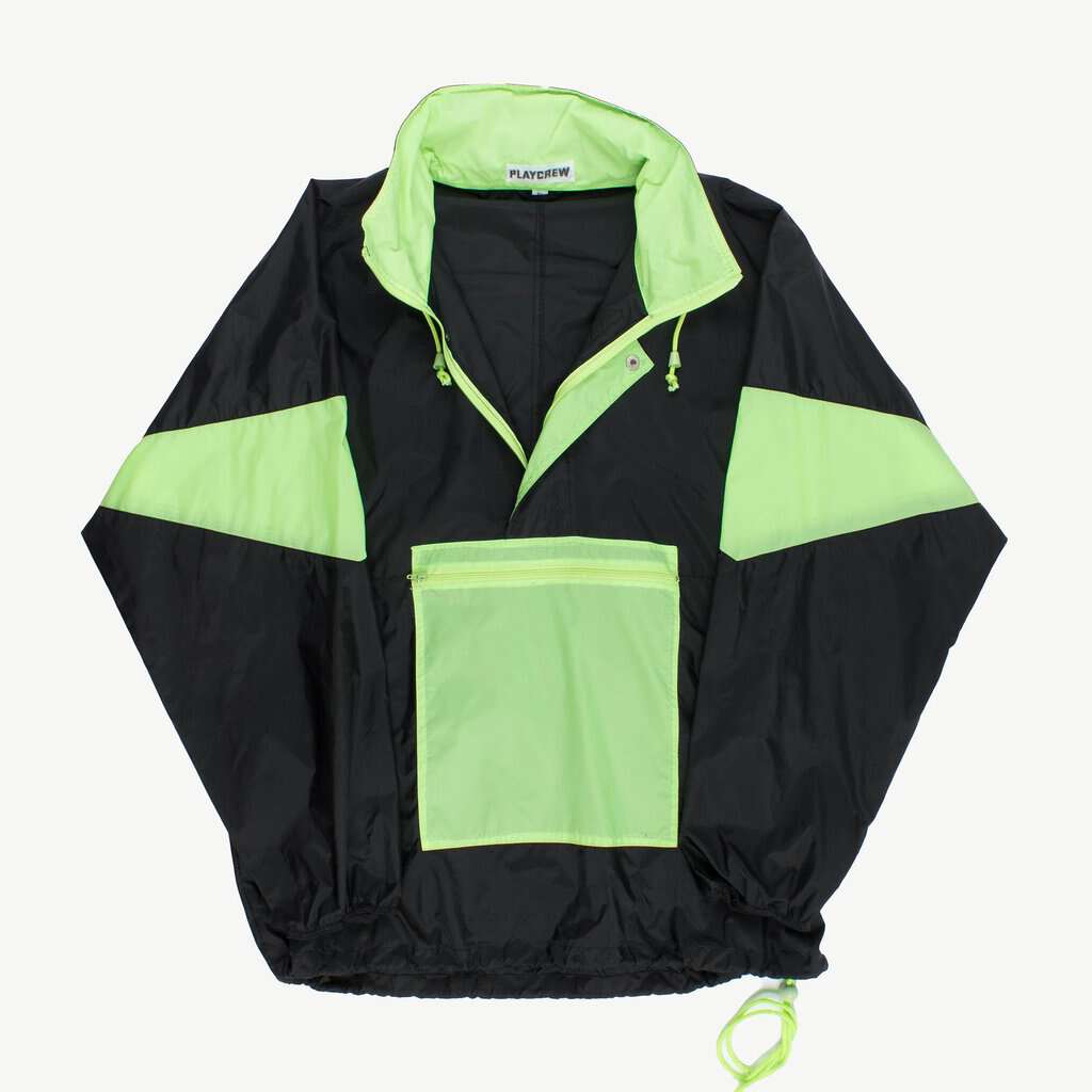 Mens 80s vintage luminous yellow and black pullover rain jacket, kangaroo pocket - XL - Image 2