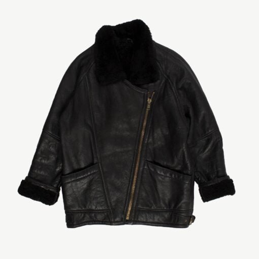 Womens black leather flight jacket, cosy vintage sheepskin coat - Medium / Large
