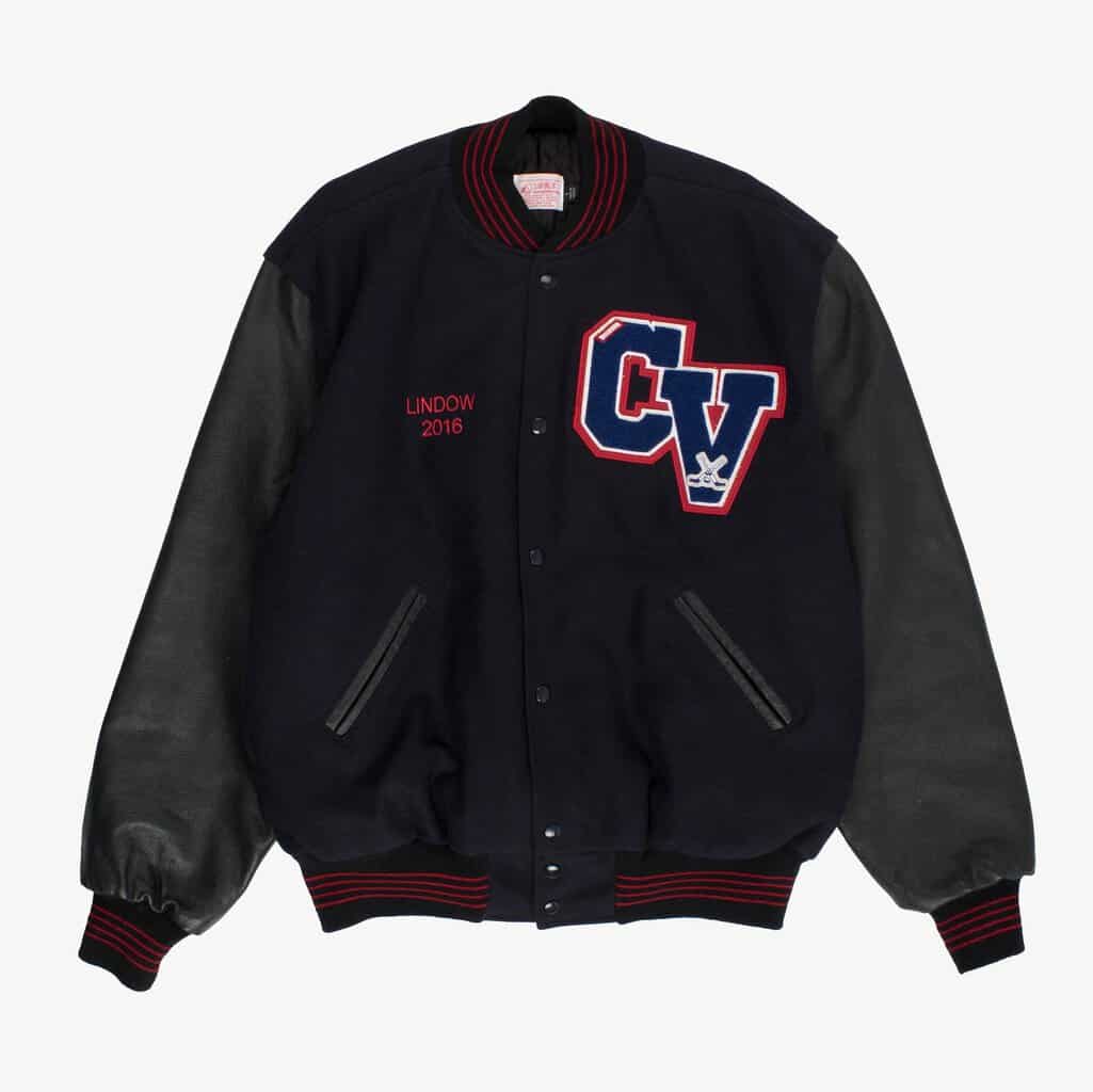 Mens American USA varsity jacket, letterman stadium bomber jacket, navy blue black red - Large