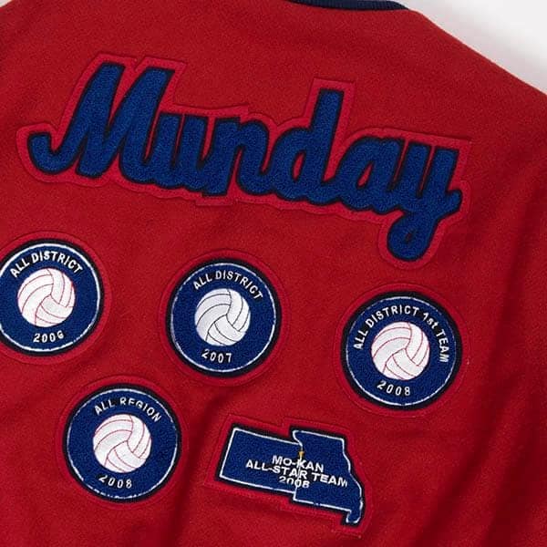 Rare American red varsity jacket volleyball medal patches, Munday personalised letterman jacket USA made Holloway Original - Small / Medium - Image 9