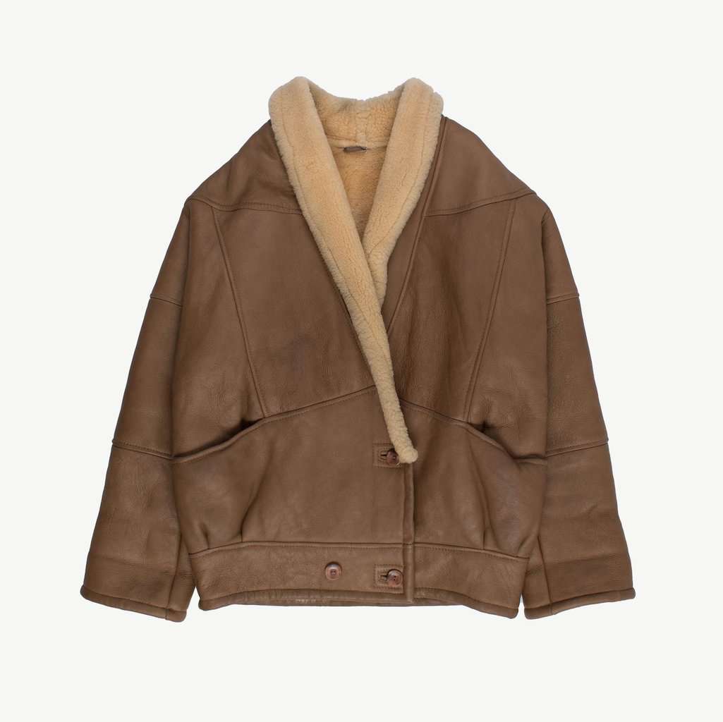 Sheepskin coat, 80s tan leather shearling jacket - L
