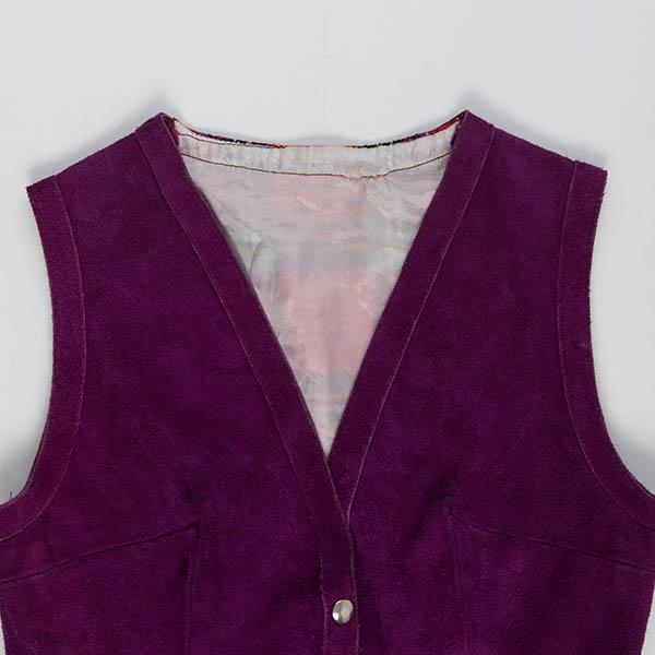 60s purple suede vest with red plaid detail, snap button original 1960s vintage - XS / Small - Image 4