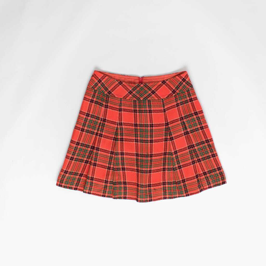 Bright plaid pleated short skirt, orange-red forest green autumn winter skirt, preppy 60s 70s vintage, 29 waist - Medium