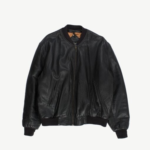 Mens black leather bomber jacket, vintage leather jacket made in England on a white background