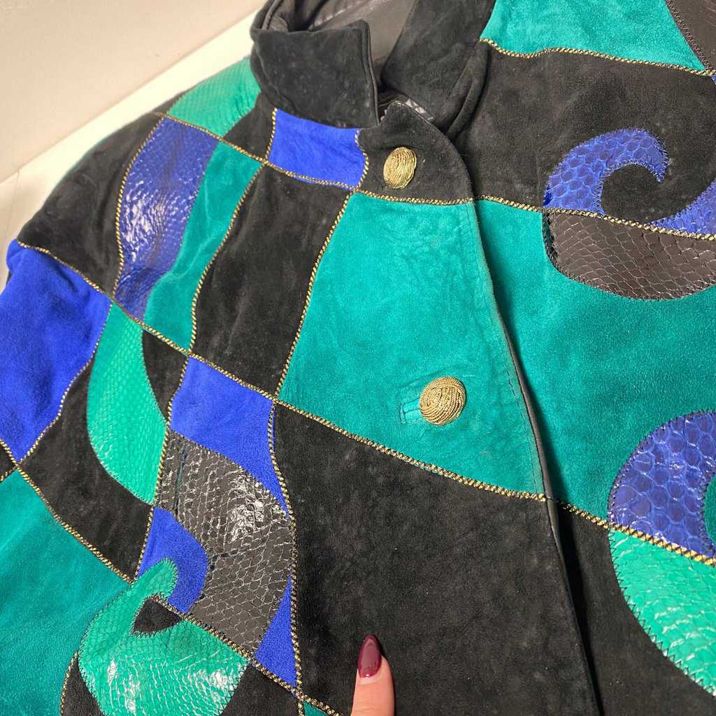 Rare vintage patchwork leather batwing jacket, 1980s oversize suede coat - Medium / Large - Image 6