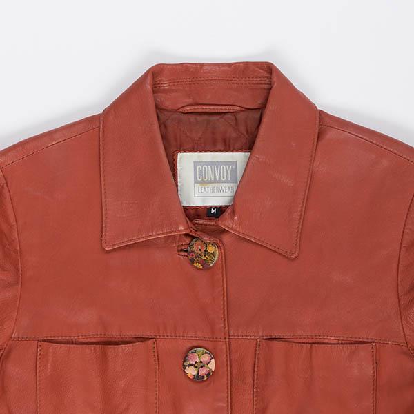 Orange leather jacket with large floral buttons, Y2K vintage - Medium - Image 4