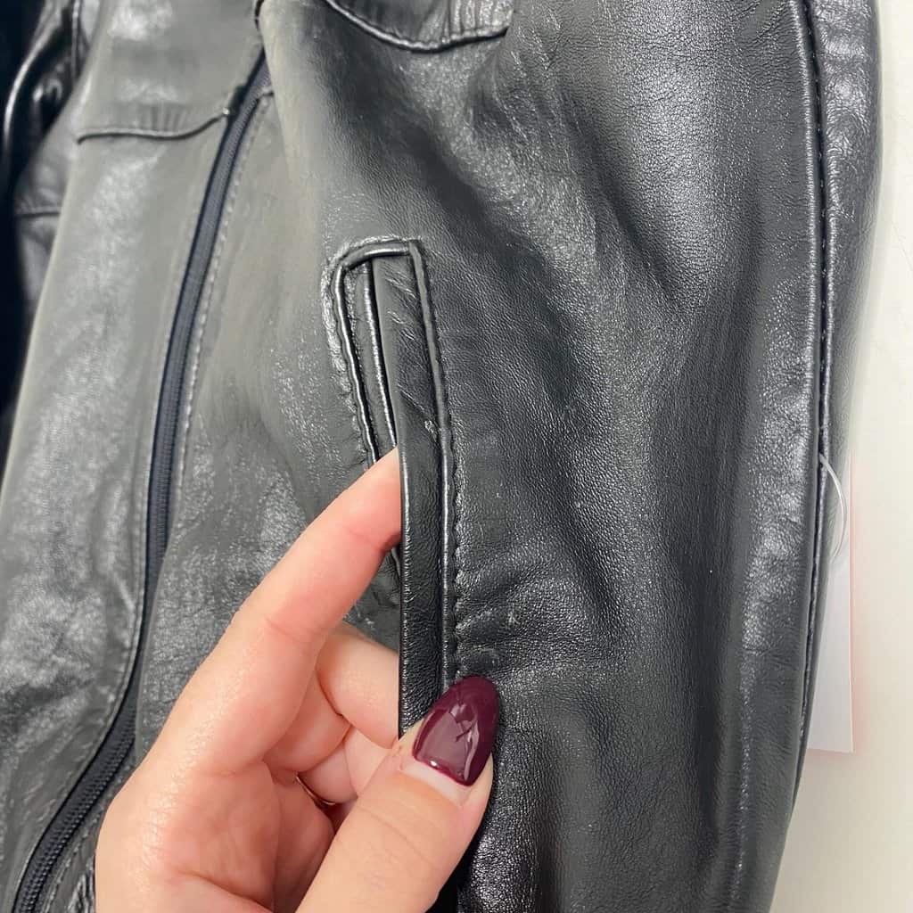 Womens black leather bomber jacket, elasticated hem vintage moto jacket - Small / Medium - Image 6
