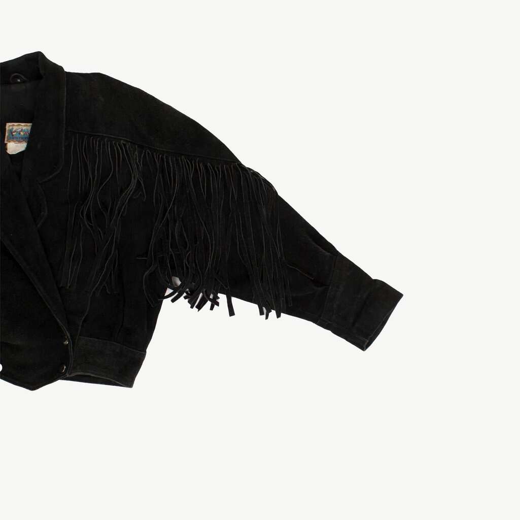 80s black suede fringed jacket, cropped leather festival jacket, womens vintage suede jacket - Medium - Image 4