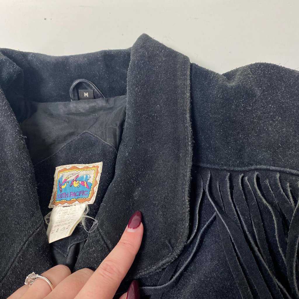 80s black suede fringed jacket, cropped leather festival jacket, womens vintage suede jacket - Medium - Image 7