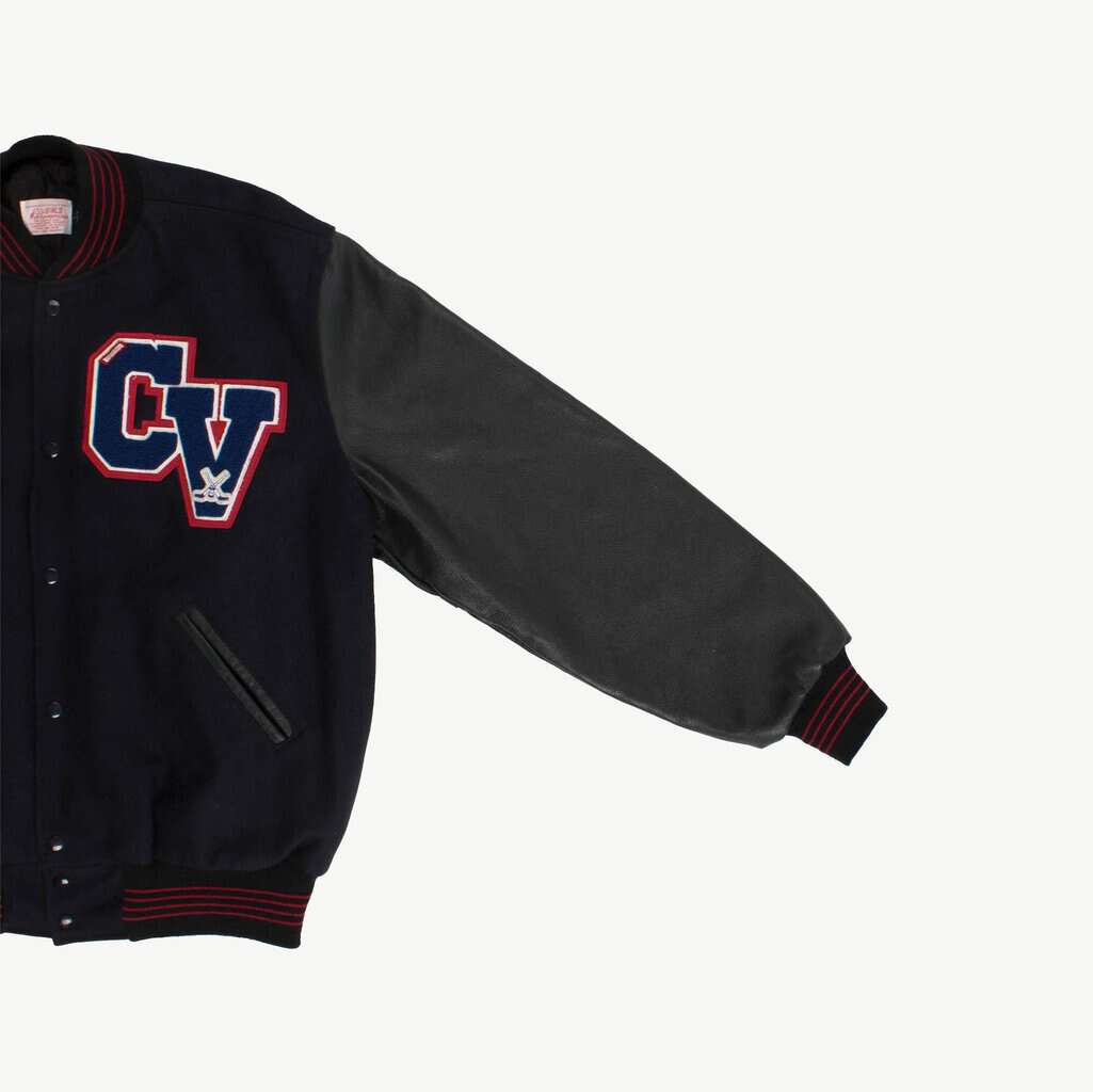 Mens American USA varsity jacket, letterman stadium bomber jacket, navy blue black red - Large - Image 4