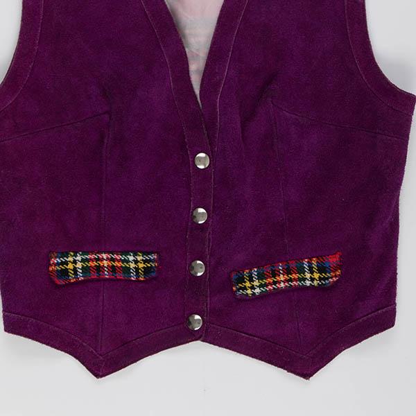 60s purple suede vest with red plaid detail, snap button original 1960s vintage - XS / Small - Image 5