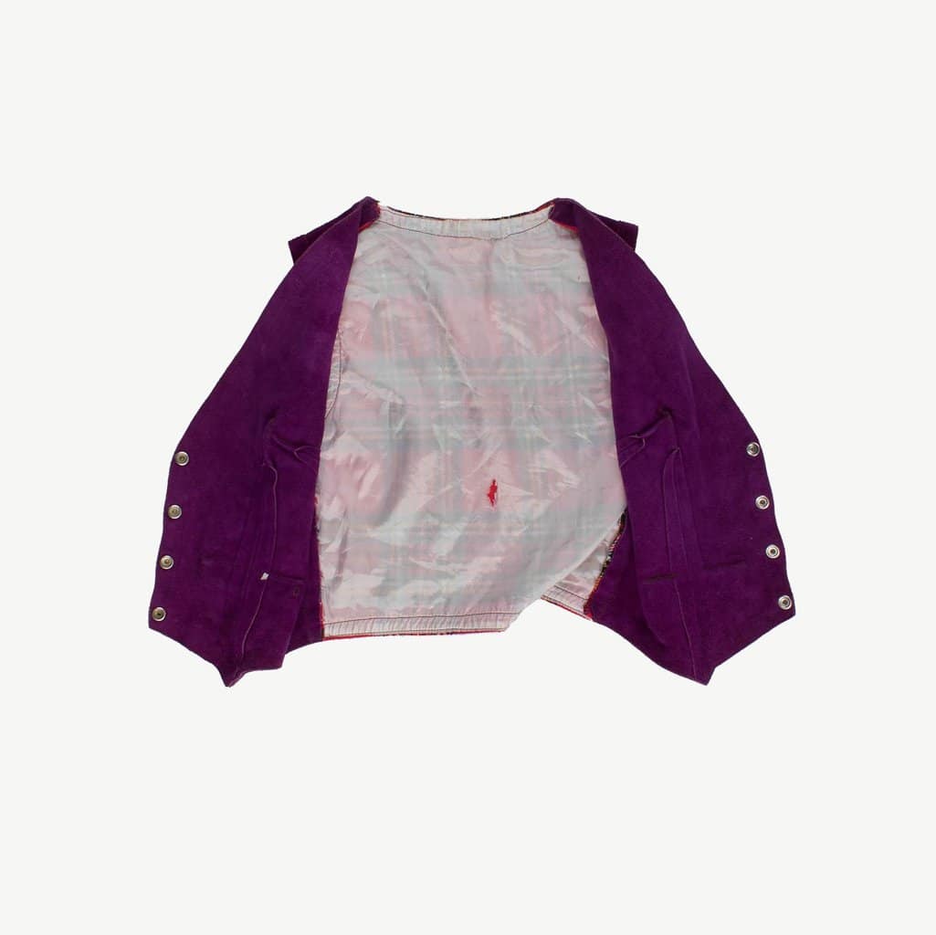 60s purple suede vest with red plaid detail, snap button original 1960s vintage - XS / Small - Image 2