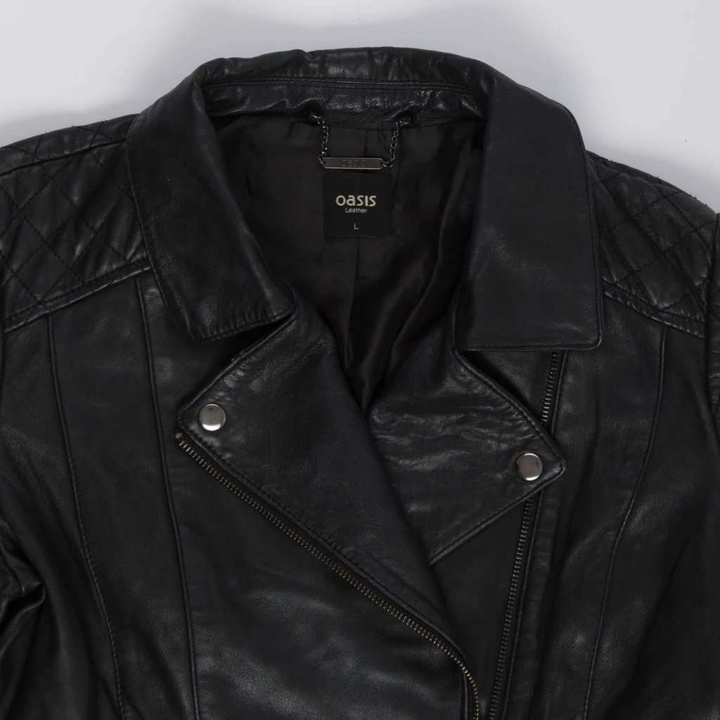 Black real leather jacket, zip up racer biker fitted vintage jacket by Oasis - Medium / Large - Image 5