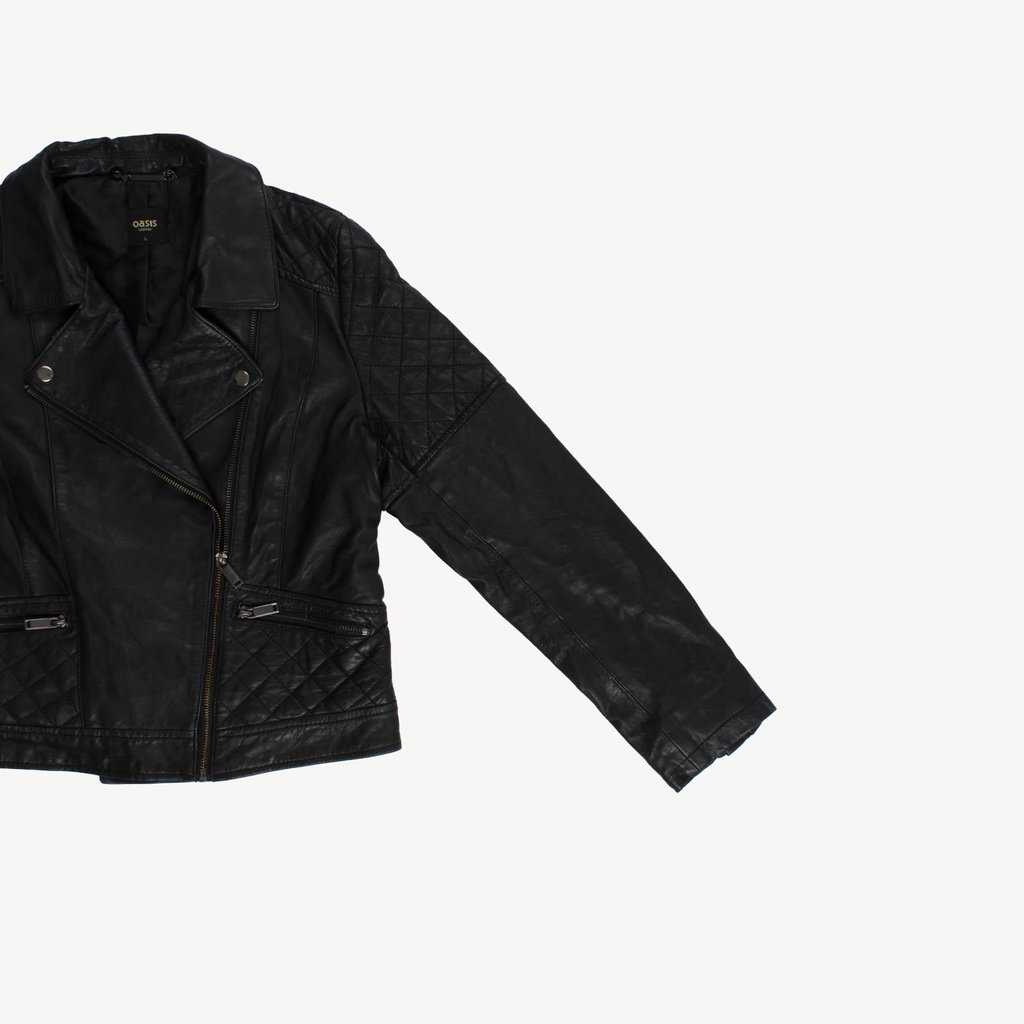 Black real leather jacket, zip up racer biker fitted vintage jacket by Oasis - Medium / Large - Image 4