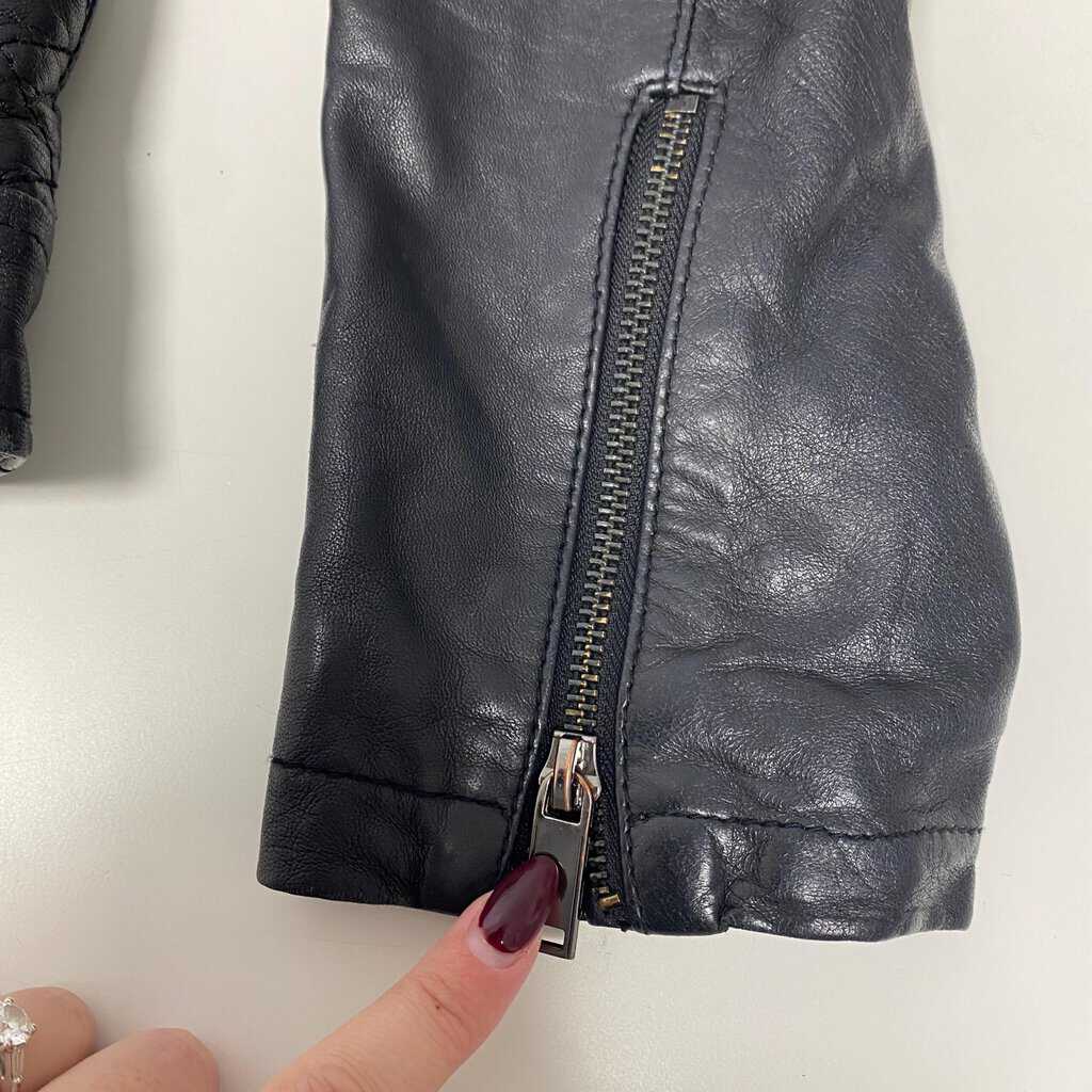 Black real leather jacket, zip up racer biker fitted vintage jacket by Oasis - Medium / Large - Image 8