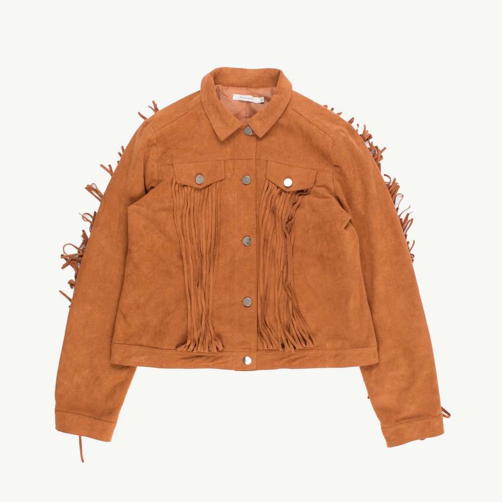 Women's tan faux suede jacket with fringe detail - M