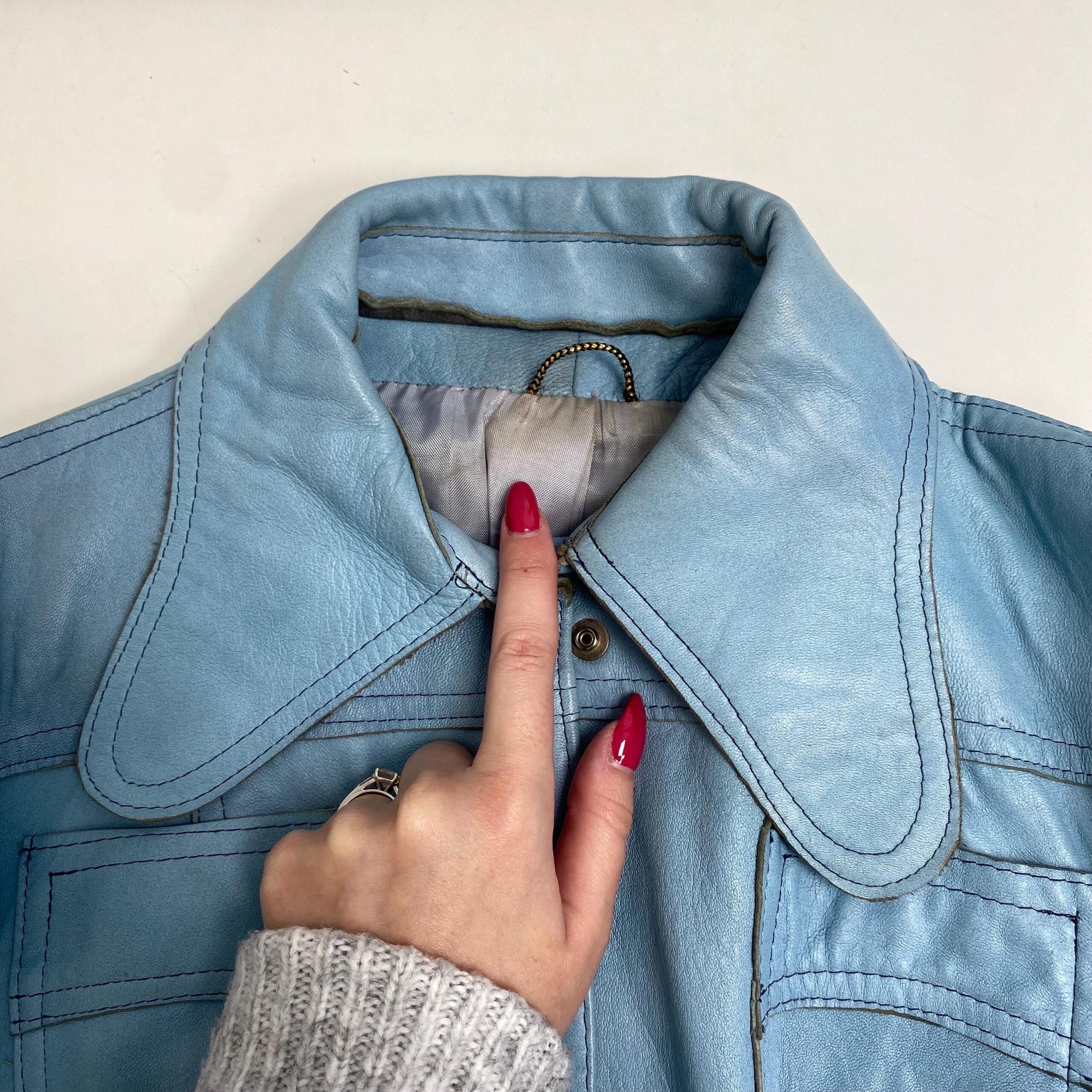 Rare 1960s 70s original real leather jacket light blue, womens rare vintage leather jacket - Small - Image 7