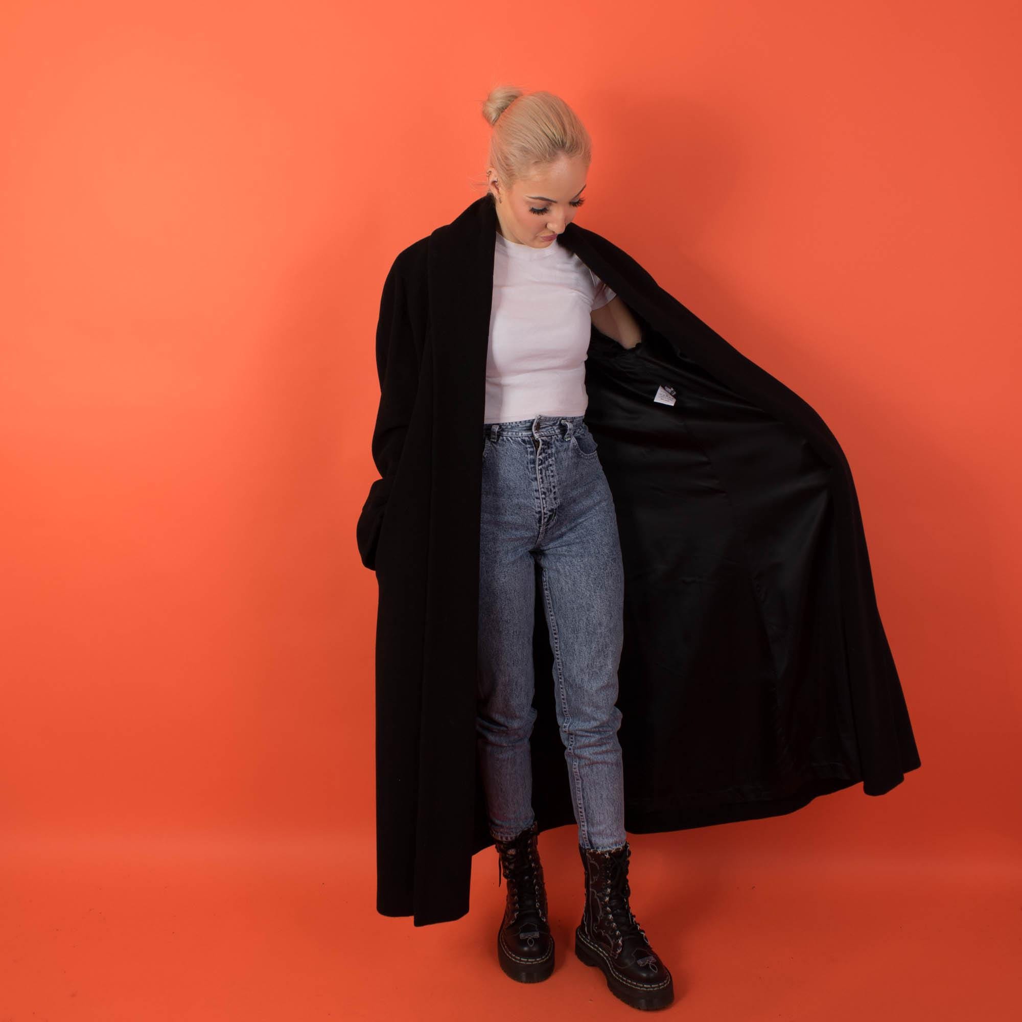 Vintage Harrods long wool coat, womens 90s black wool coat - Small / Medium - Image 7