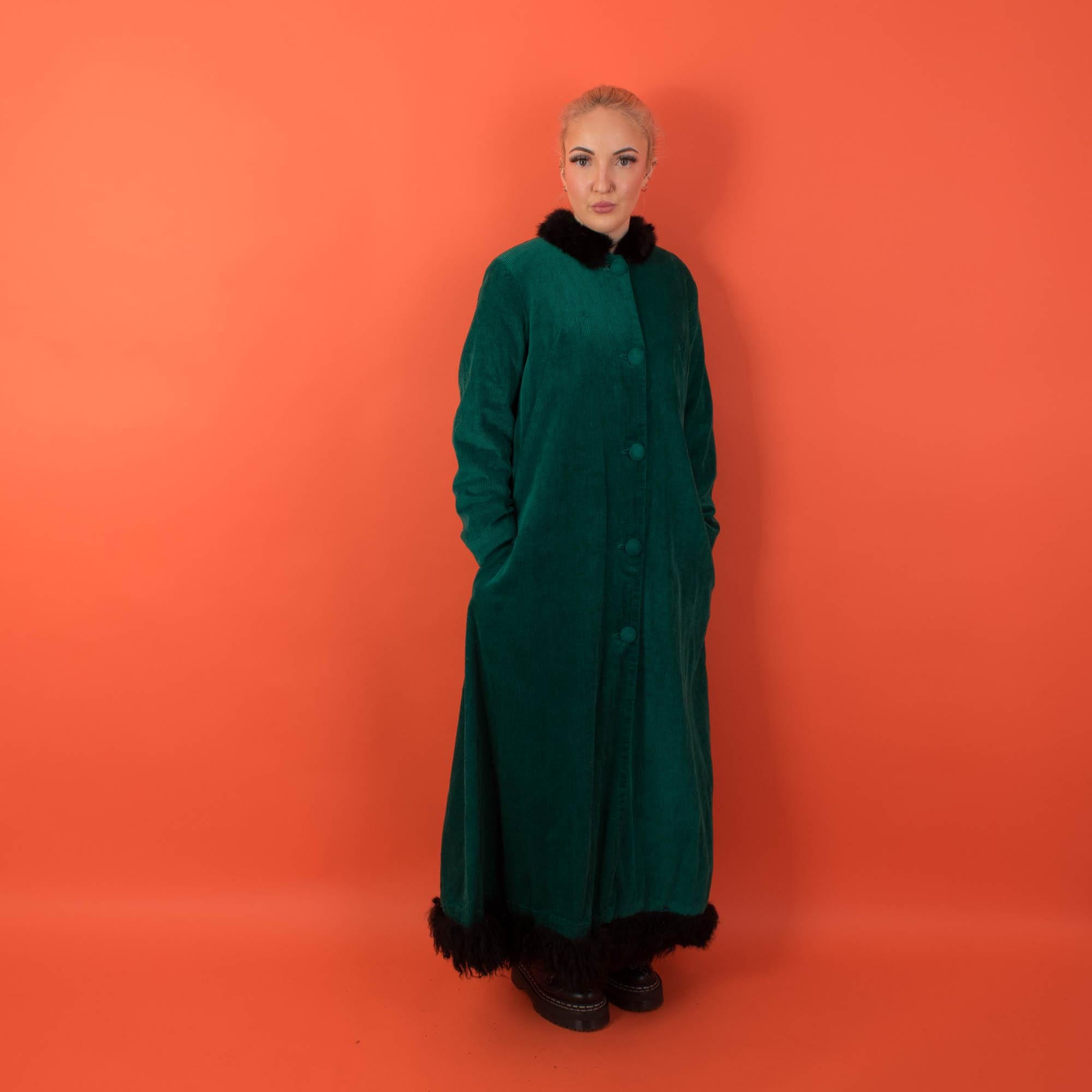 70s vintage green cord coat with faux fur trim, long womens retro party jacket - Medium - Image 5