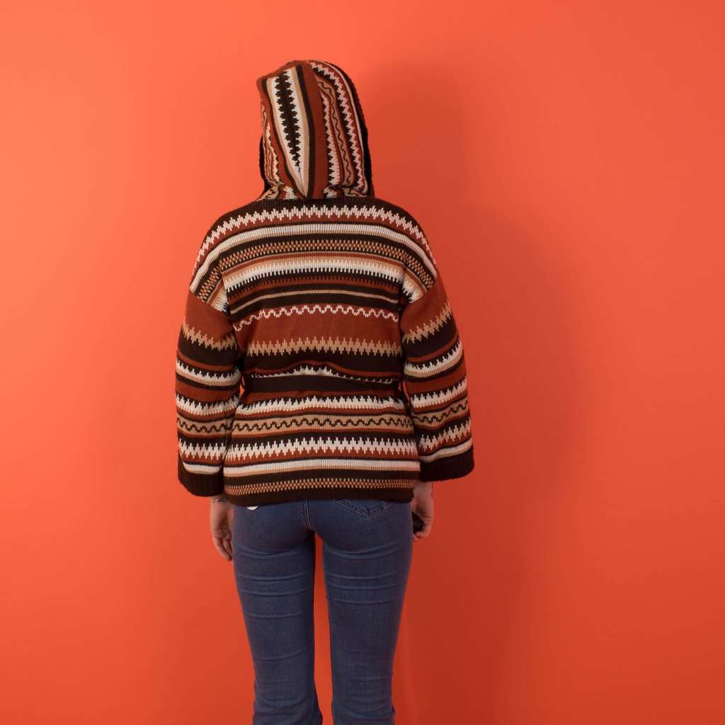 Vintage 70s St Michael hooded jumper in orange, brown and beige stripes, womens autumnal sweater with waist tie - Small / Medium - Image 4